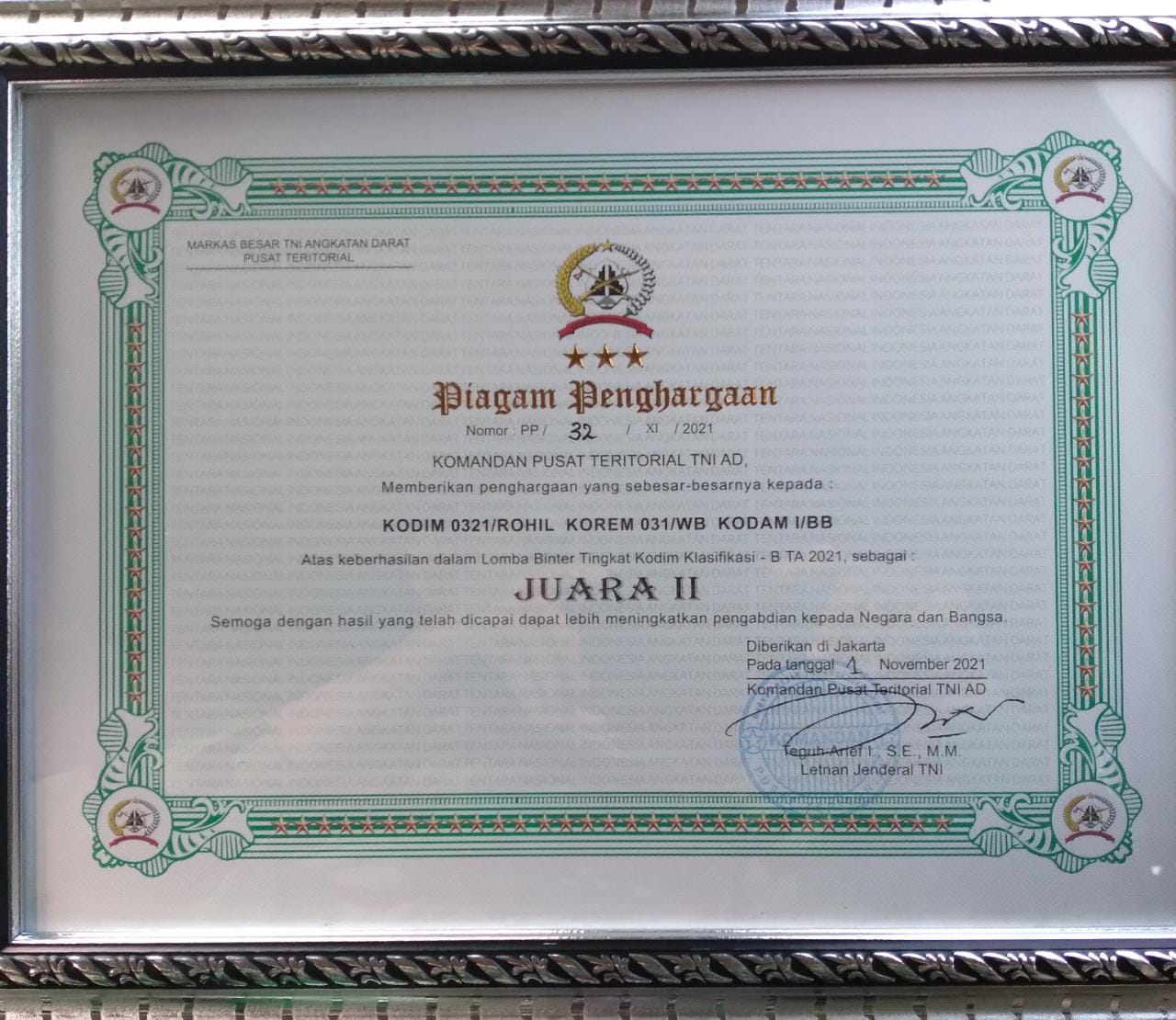 Piagam penghargaan sebagai Kodim Klasifikasi Tipe B-ist